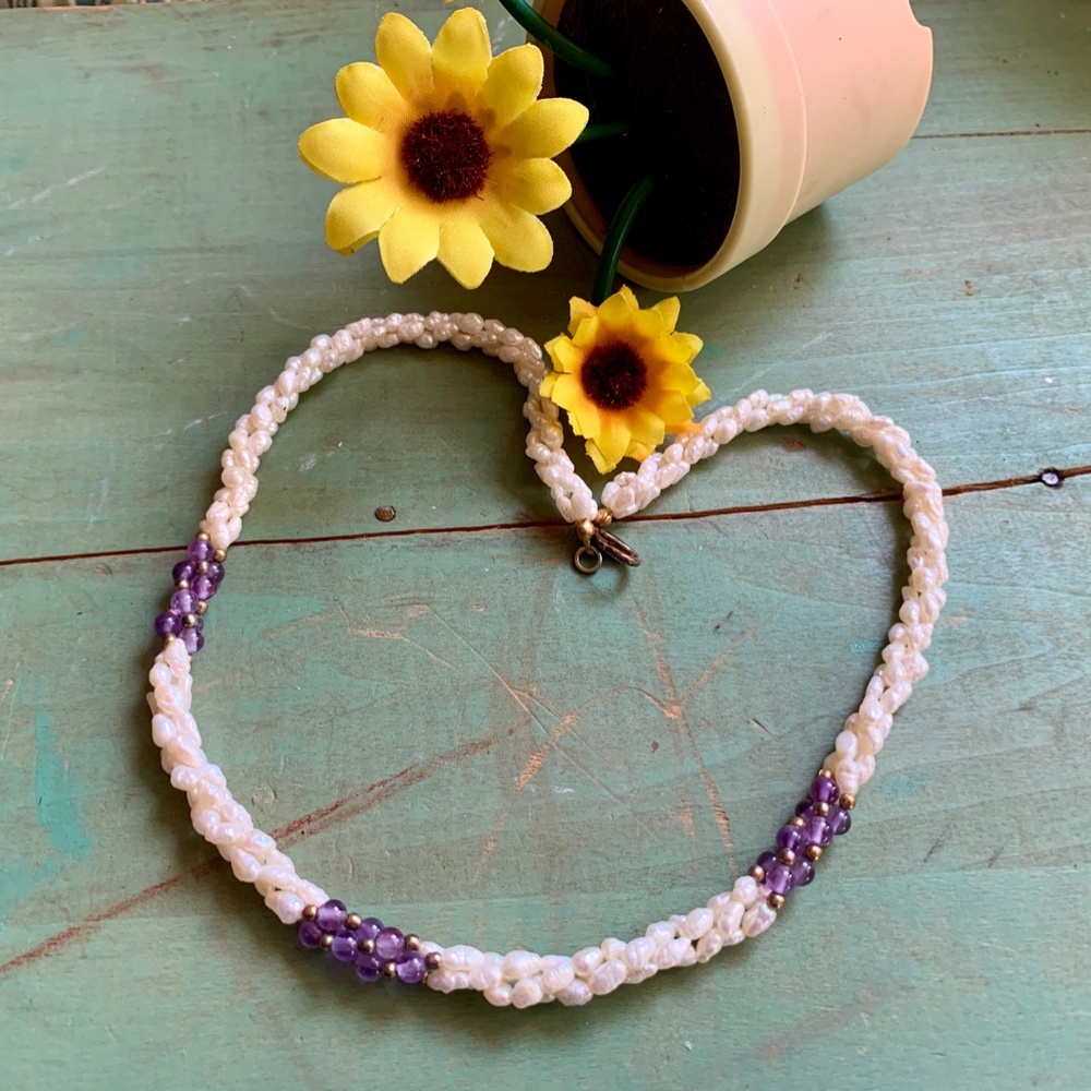 💜 Vintage Twisted Rice Pearls & Amethyst Bead Necklace - Bridal Jewelry 💜